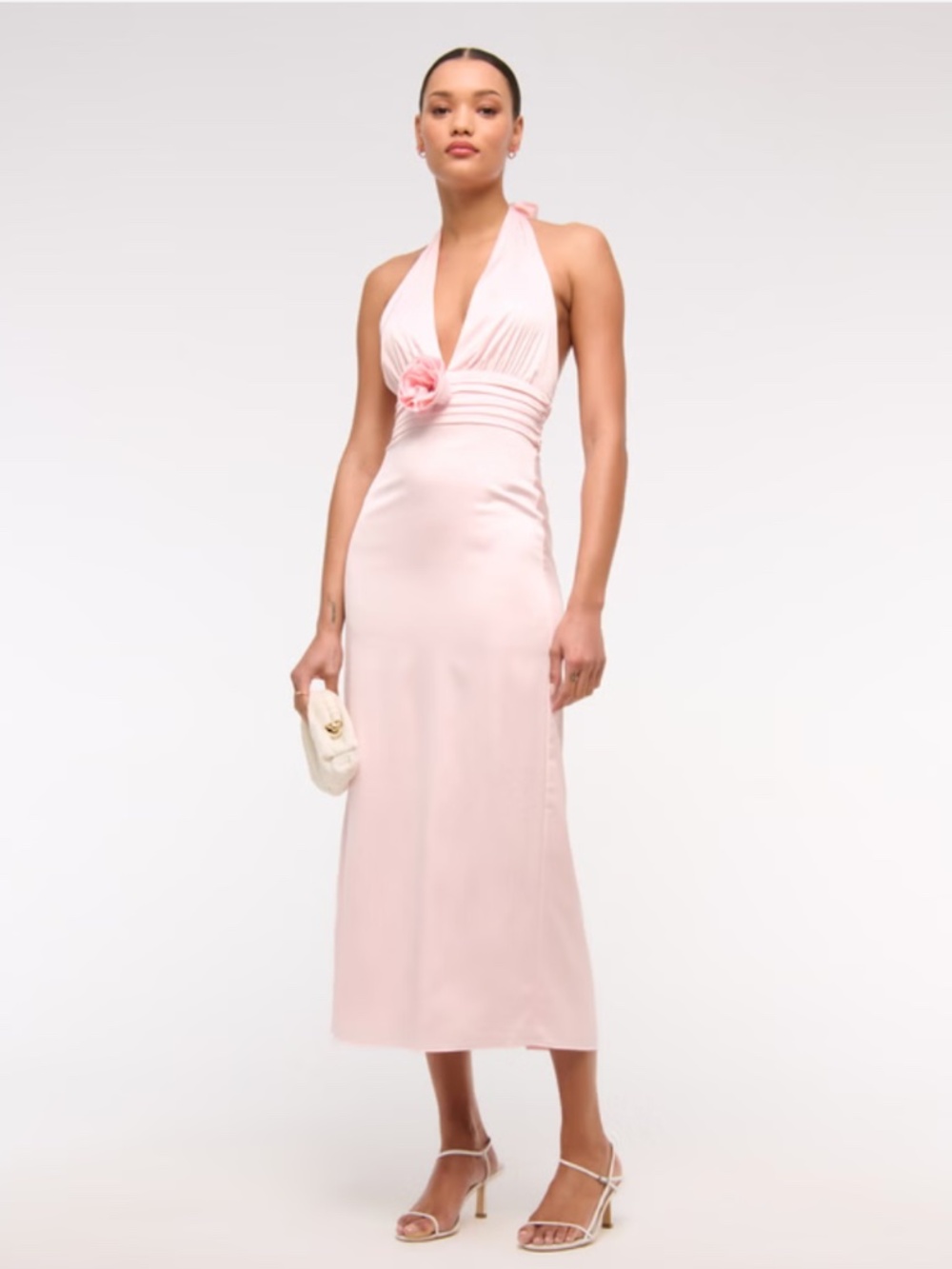 Abercrombie & Fitch Light Pink Satin Rosette Halter Midi Dress Open Back